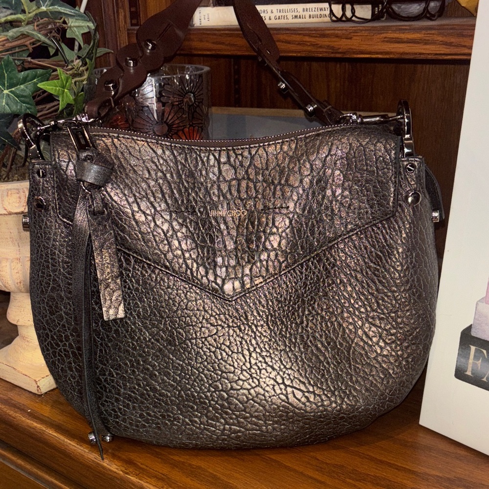Jimmy Choo black Metallic Leather Shoulder Bag, COA